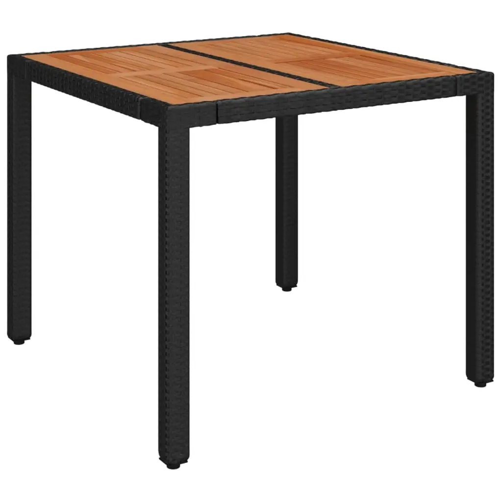 Garden Table with Wooden Top Black 90x90x75 cm Poly Rattan 319897 - Furniture
