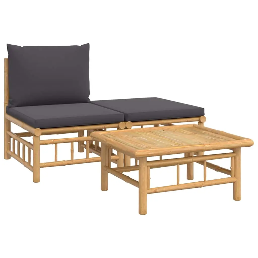 3 Piece Garden Lounge Set with Dark Grey Cushions Bamboo 362305 - Furniture