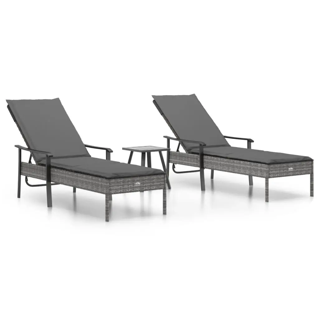 Sun Loungers 2 pcs with Table and Cushions Grey Poly Rattan 362808 - Furniture