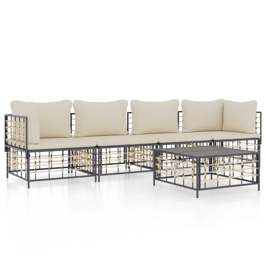 5 Piece Garden Lounge Set with Cushions Anthracite Poly Rattan 3186700 - Furniture