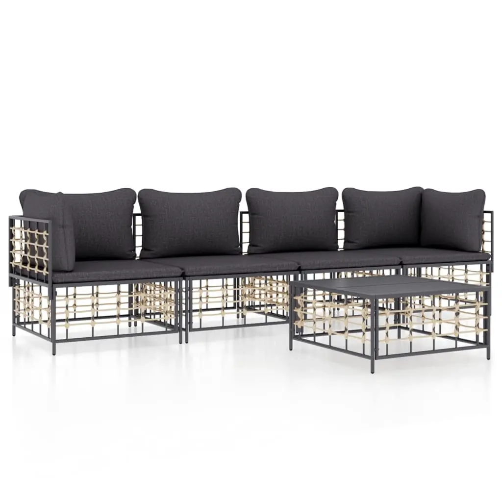 5 Piece Garden Lounge Set with Cushions Anthracite Poly Rattan 3186701 - Furniture