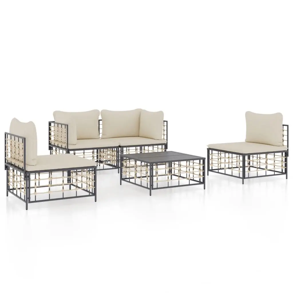 5 Piece Garden Lounge Set with Cushions Anthracite Poly Rattan 3186714 - Furniture