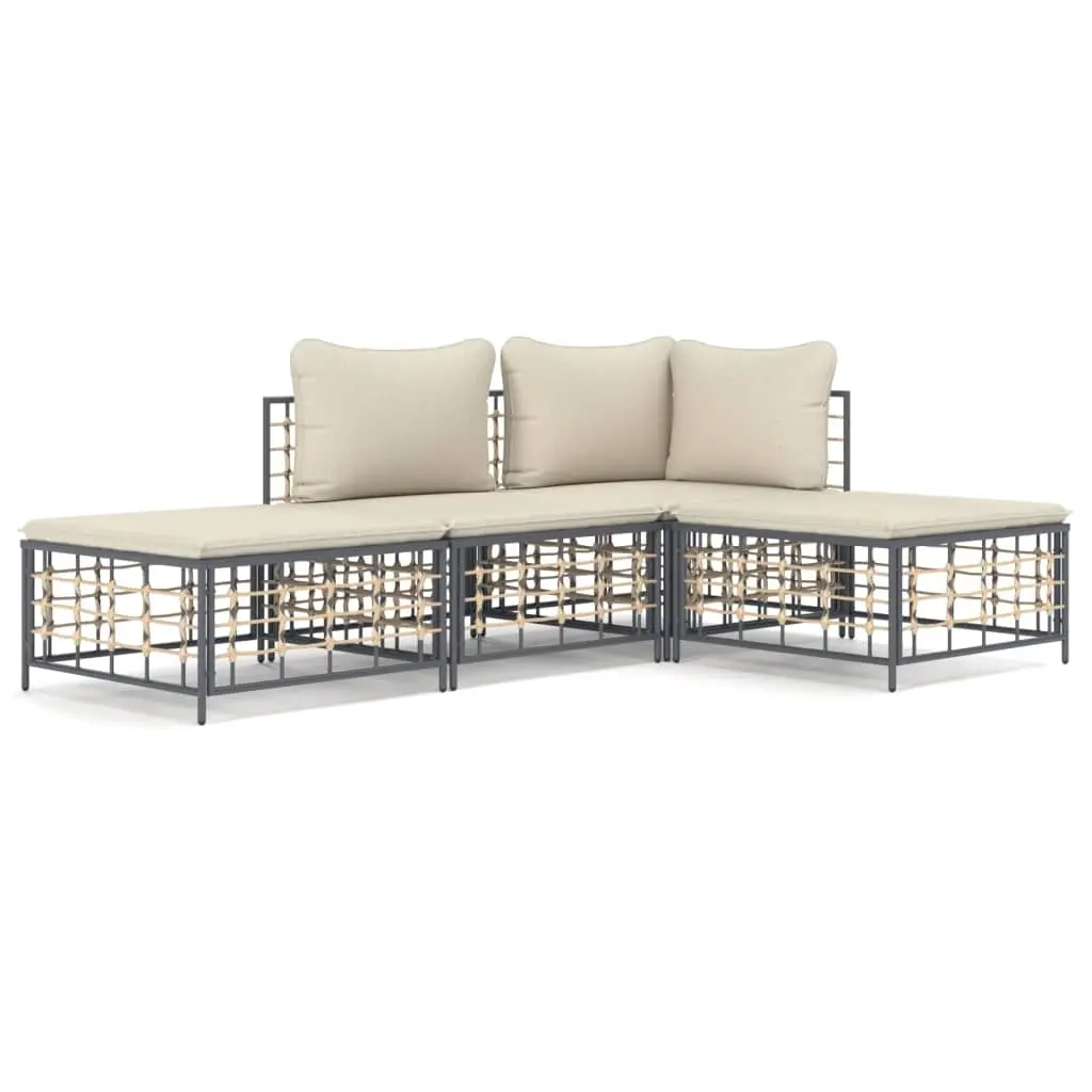 4 Piece Garden Lounge Set with Cushions Anthracite Poly Rattan 3186726 - Furniture