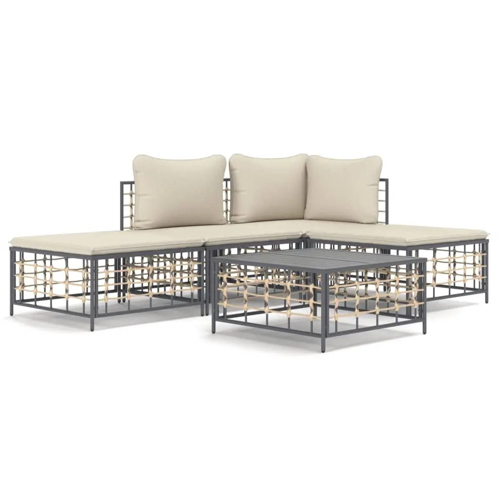 5 Piece Garden Lounge Set with Cushions Anthracite Poly Rattan 3186728 - Furniture