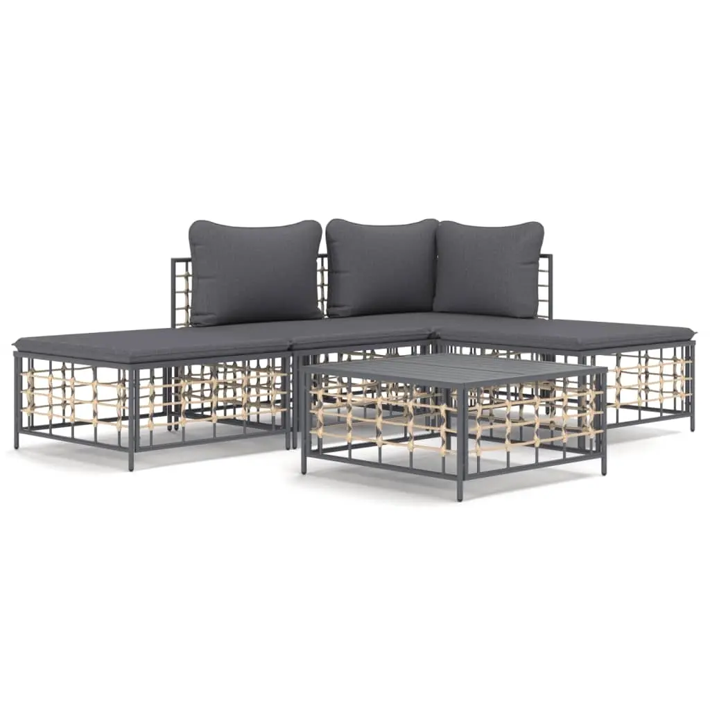 5 Piece Garden Lounge Set with Cushions Anthracite Poly Rattan 3186729 - Furniture