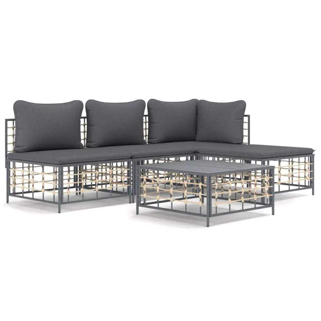 5 Piece Garden Lounge Set with Cushions Anthracite Poly Rattan 3186733 - Furniture