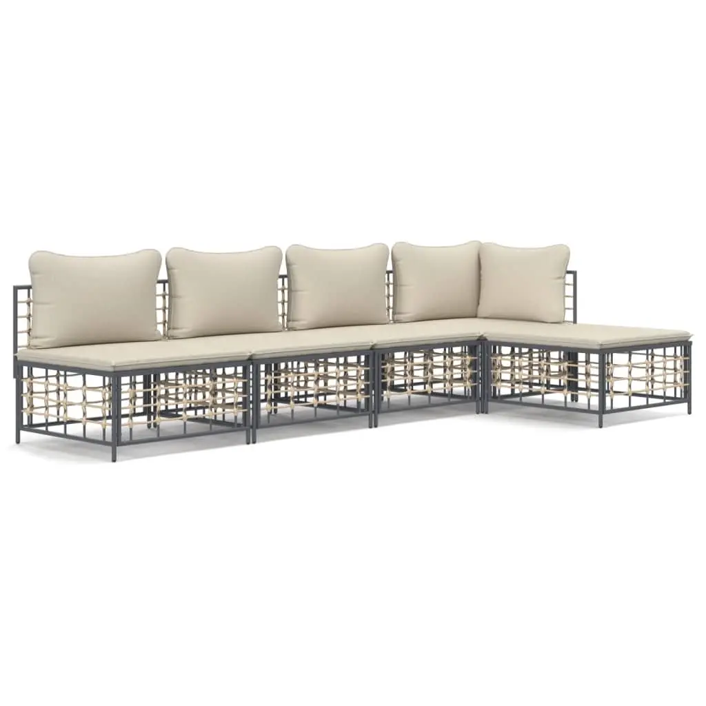 5 Piece Garden Lounge Set with Cushions Anthracite Poly Rattan 3186734 - Furniture