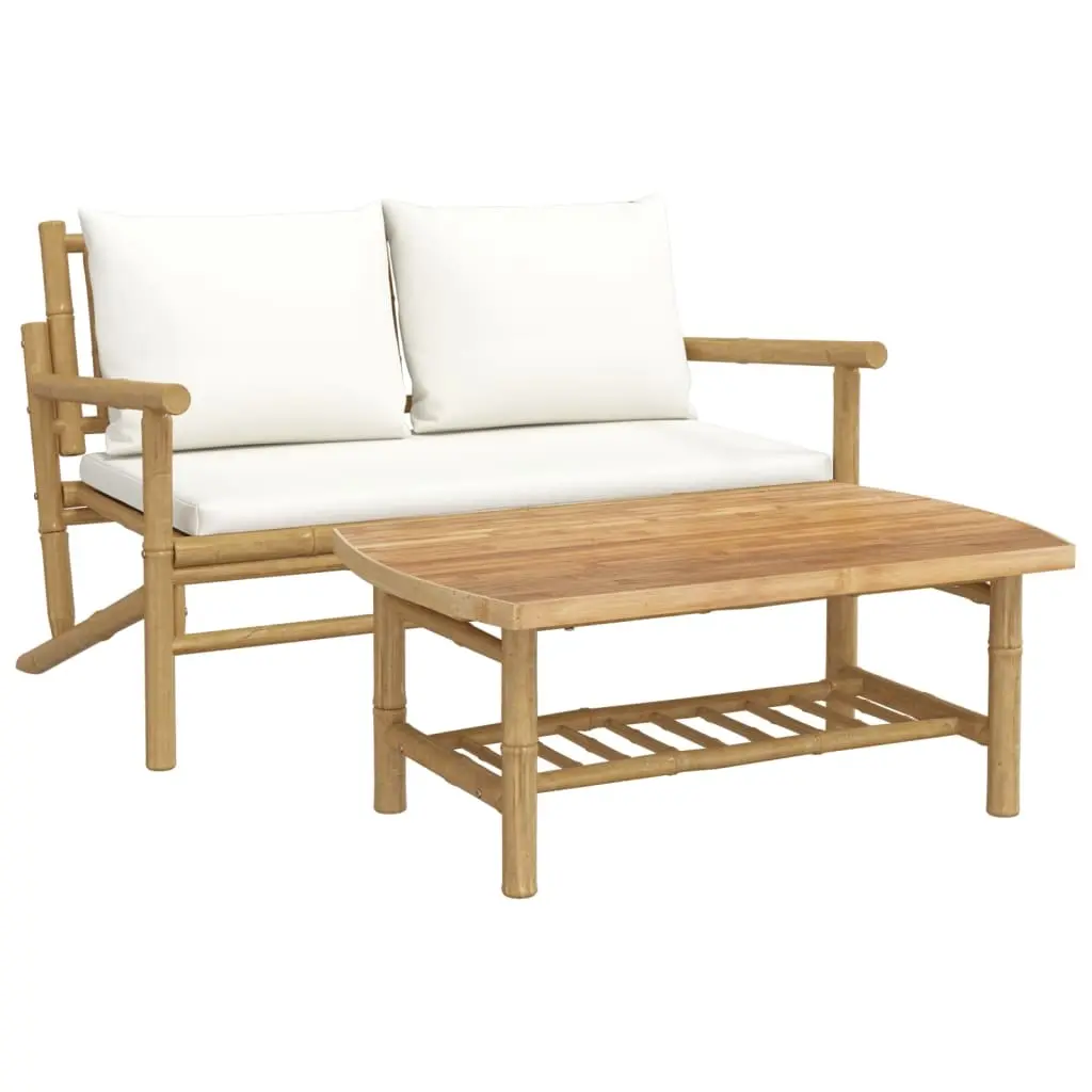 2 Piece Garden Lounge Set with Cream White Cushions Bamboo 363461 - Furniture