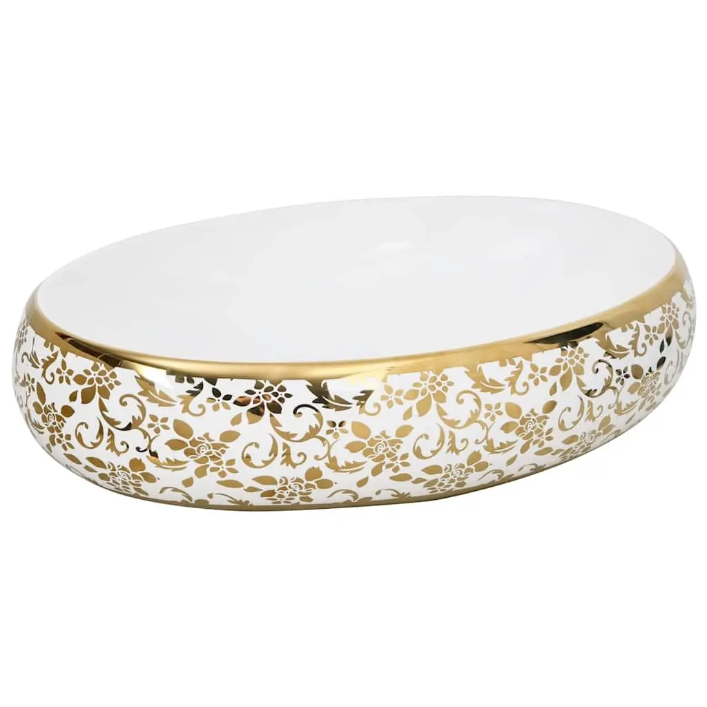 Countertop Basin White and Gold Oval 59x40x15 cm Ceramic 155111 - Hardware