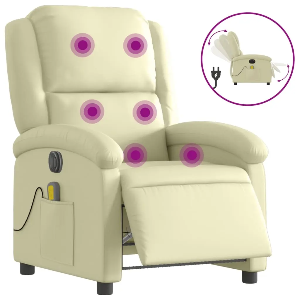 Electric Massage Recliner Chair Cream Real Leather 3205478 - Furniture