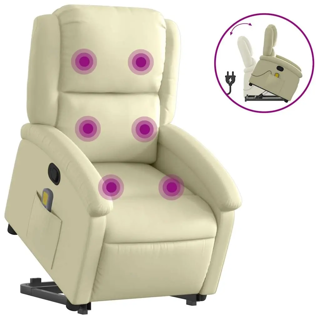 Stand up Massage Recliner Chair Cream Real Leather 3205484 - Furniture