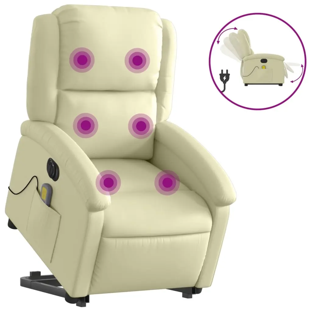 Electric Stand up Massage Recliner Chair Cream Real Leather 3205490 - Furniture
