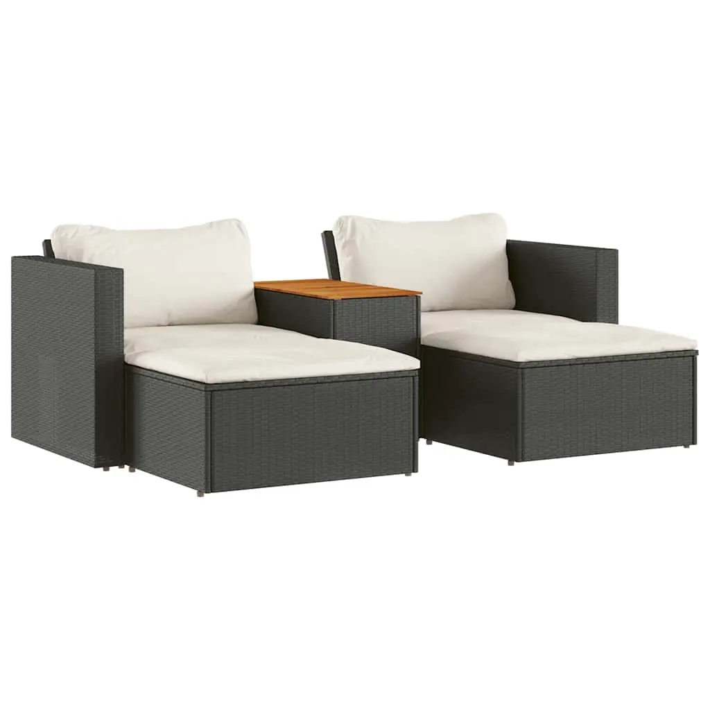 5 Piece Garden Sofa Set with Cushions Black Poly Rattan Acacia 365725 - Furniture
