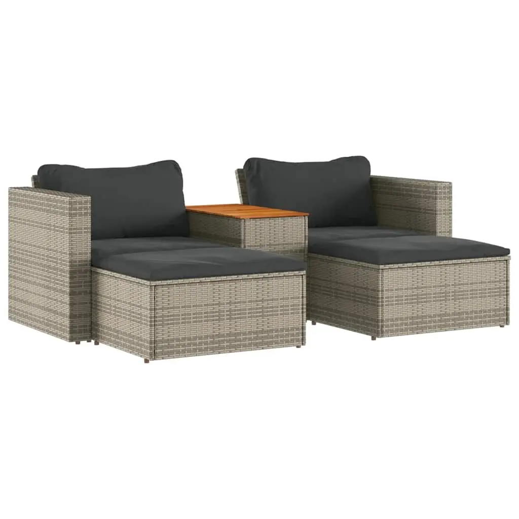 5 Piece Garden Sofa Set with Cushions Grey Poly Rattan Acacia 365726 - Furniture