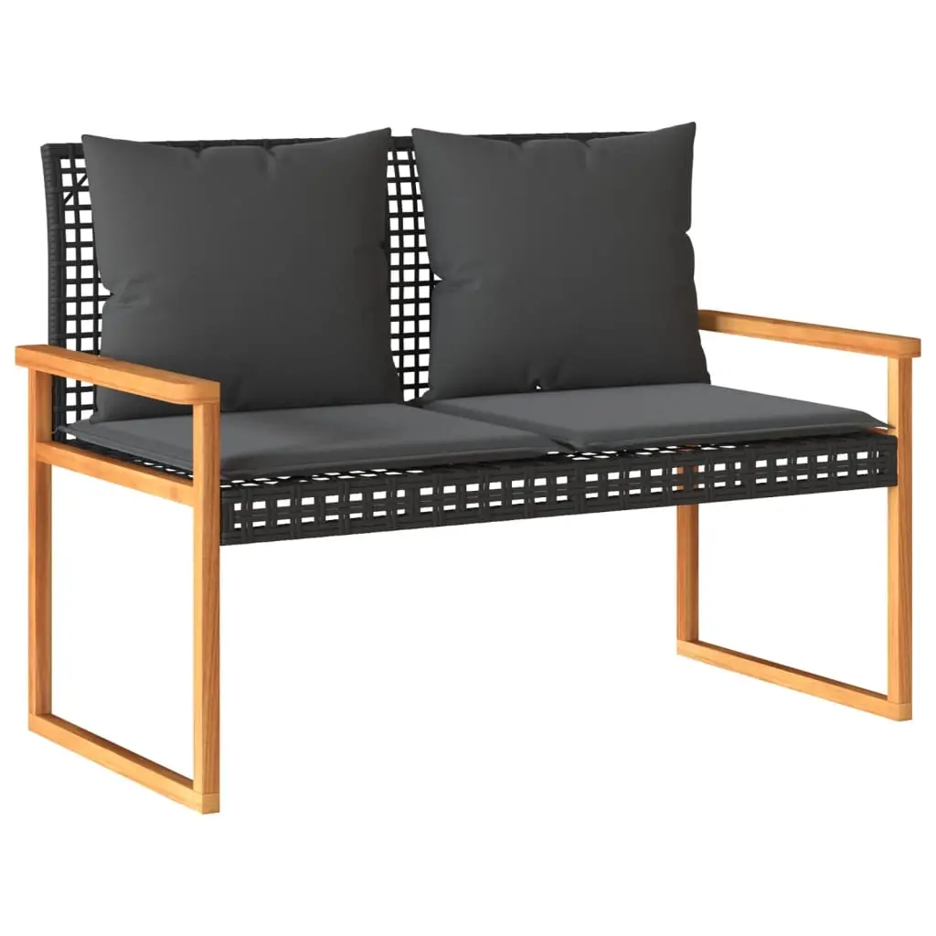 Garden Bench with Cushion Black Poly Rattan Acacia Wood 365862 - Furniture