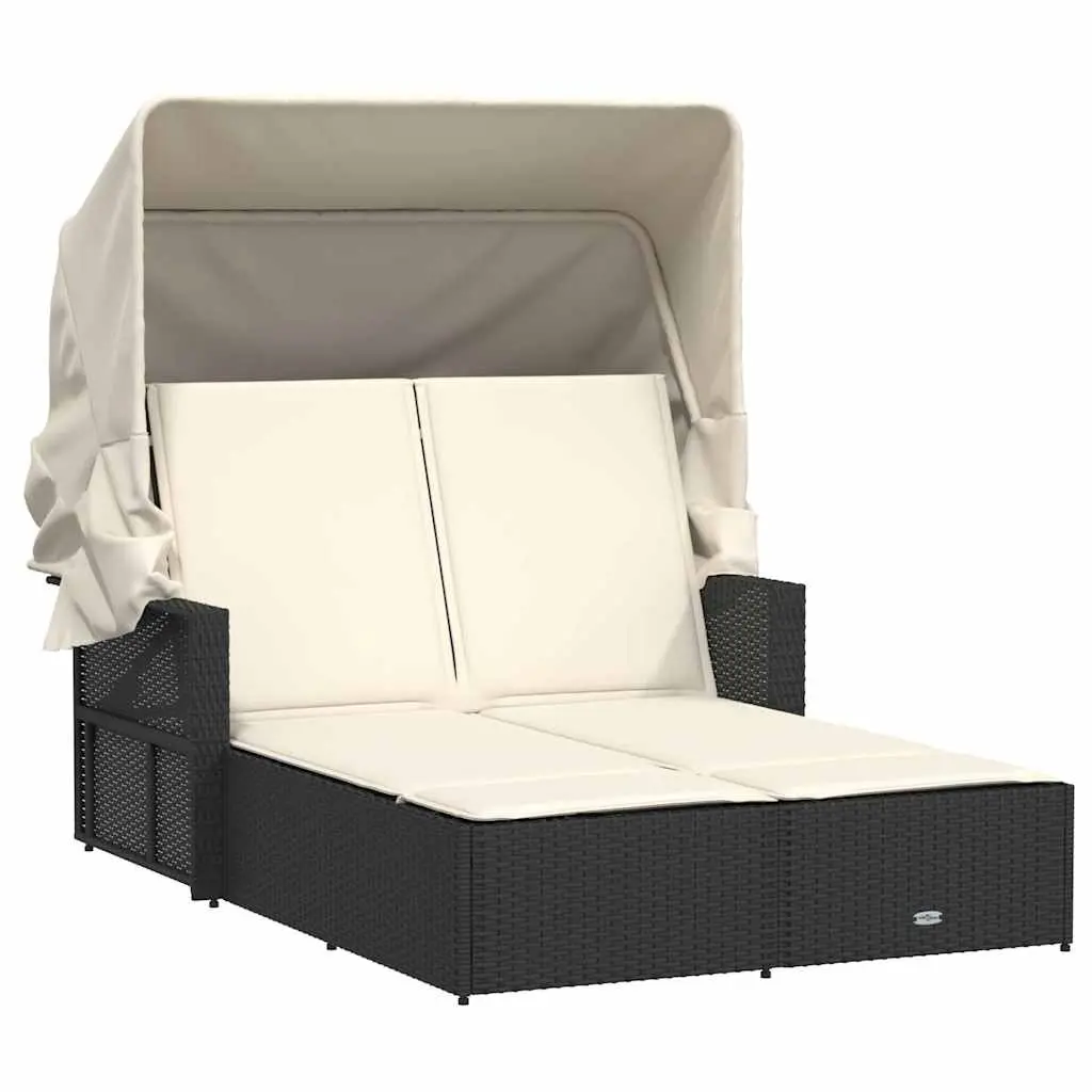 Double Sun Lounger with Canopy and Cushions Black Poly Rattan 365806 - Furniture