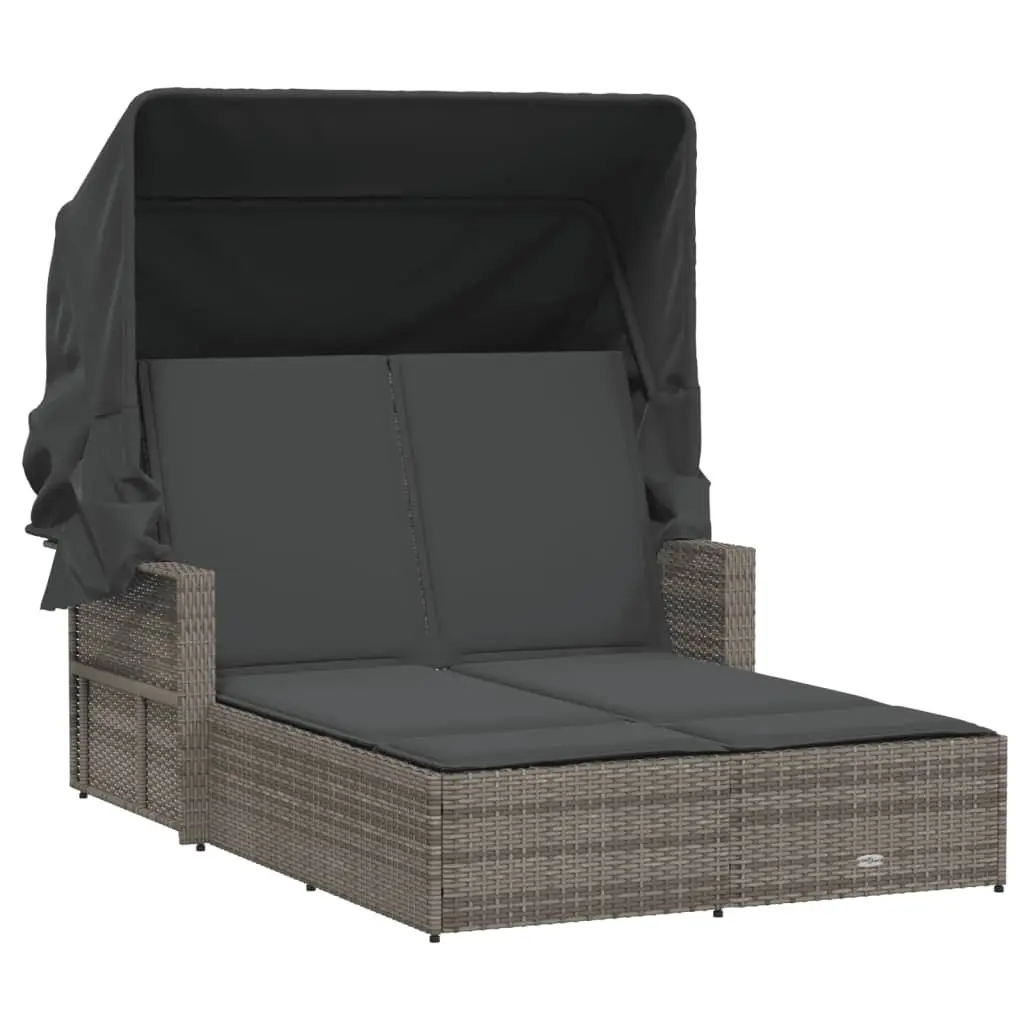 Double Sun Lounger with Canopy and Cushions Grey Poly Rattan 365809 - Furniture