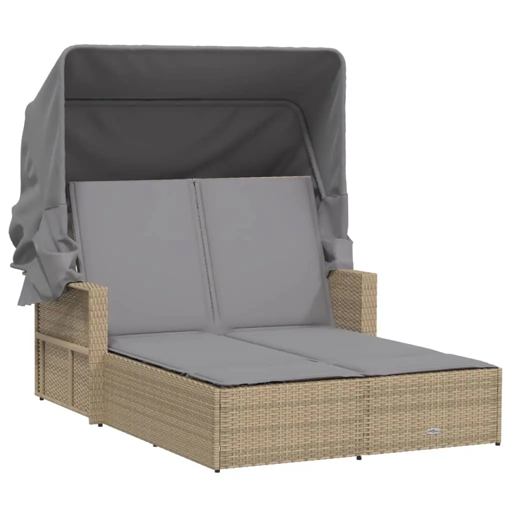Double Sun Lounger with Canopy and Cushions Mix Beige Poly Rattan 365811 - Furniture