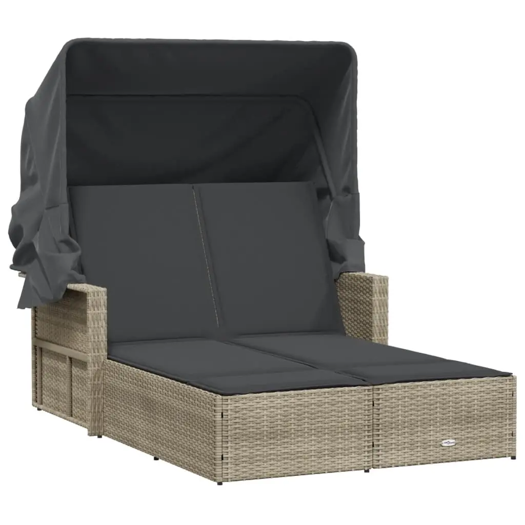 Double Sun Lounger with Canopy and Cushions Light Grey Poly Rattan 365812 - Furniture