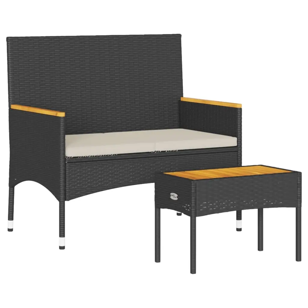 Garden Bench 2-Seater with Cushions and Table Black Poly Rattan 365439
