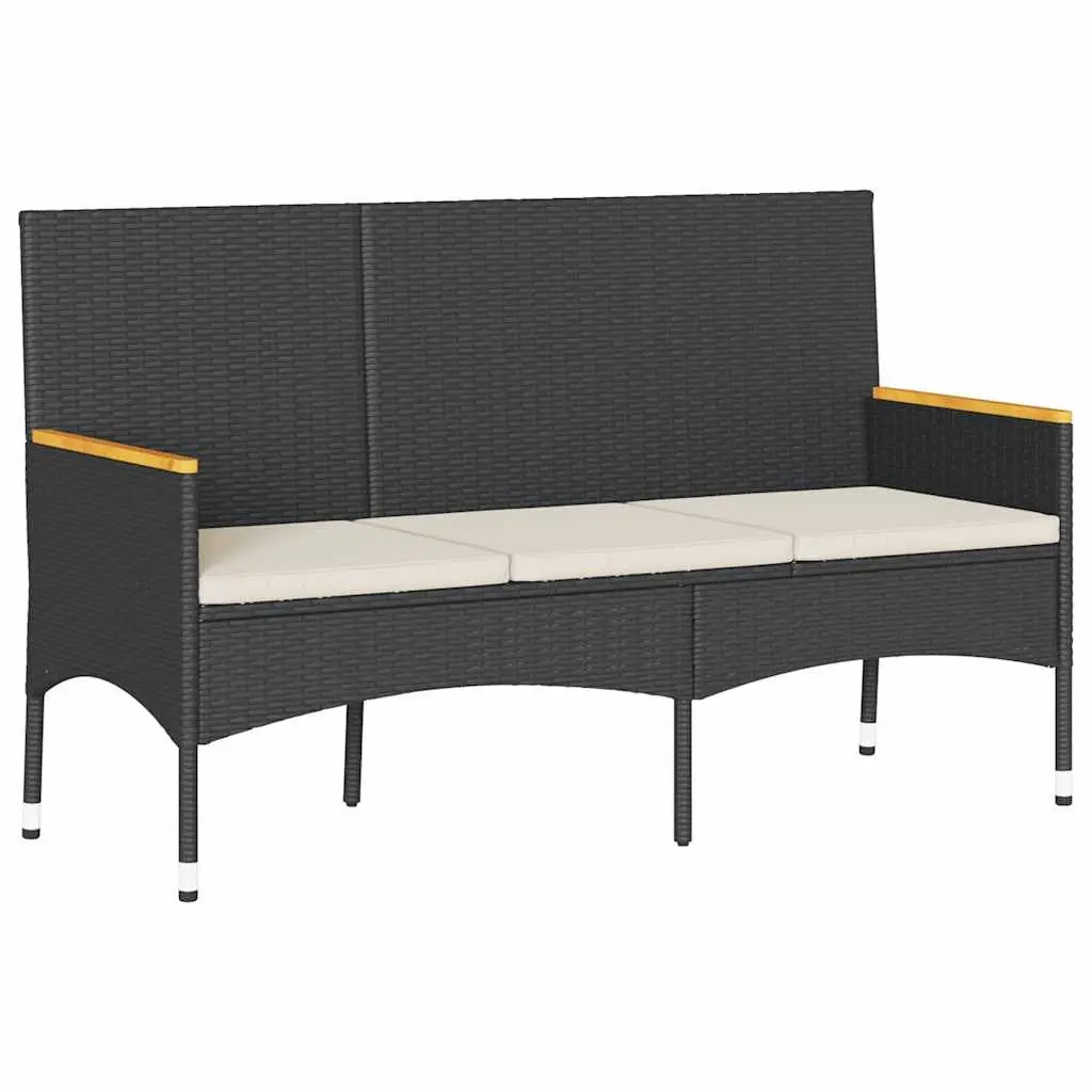 Garden Bench 3-Seater with Cushions Black Poly Rattan 365441