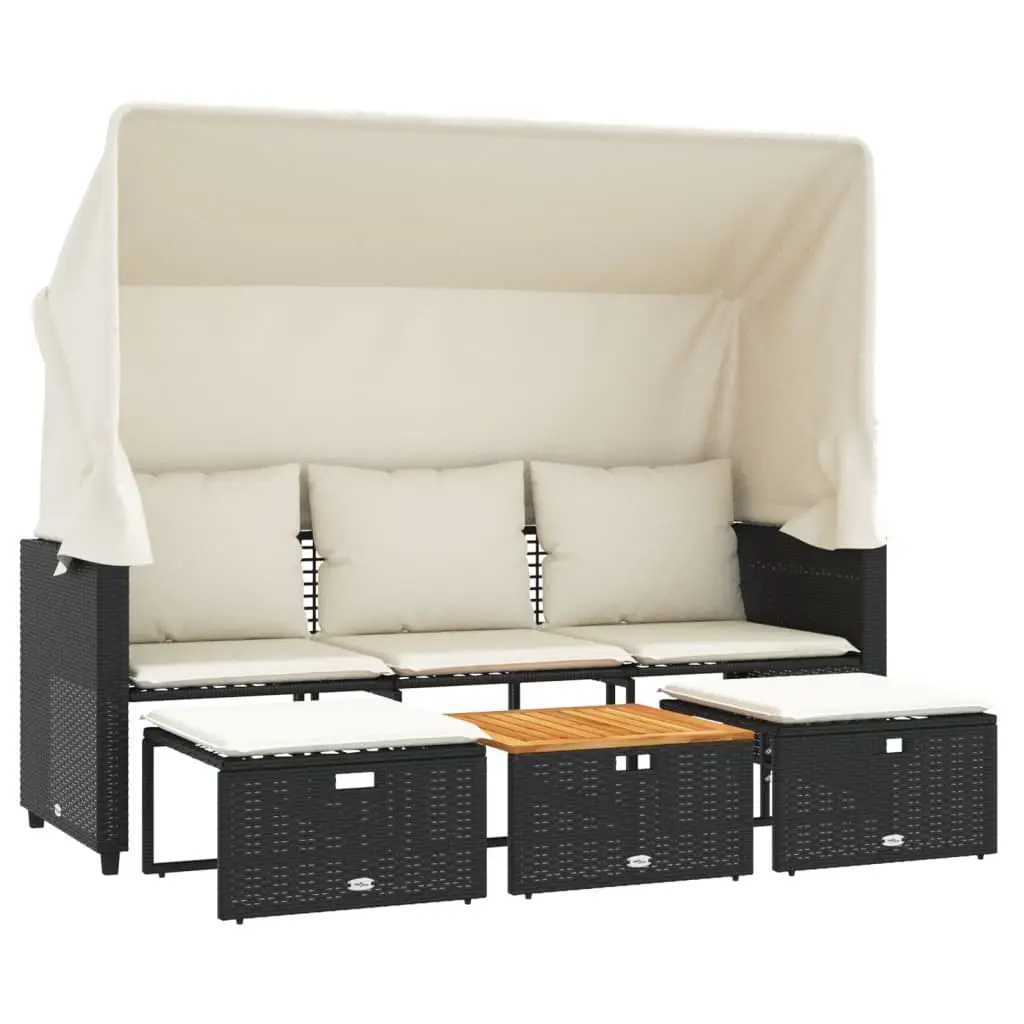 Garden Sofa 3-Seater with Canopy and Stools Black Poly Rattan 365453