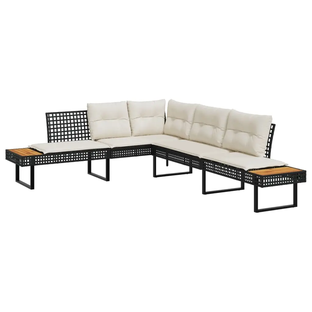 Garden Sofa with Cushions L-shaped Black Poly Rattan and Acacia 365634