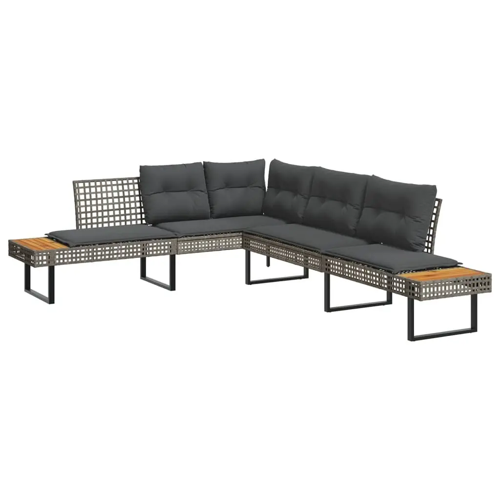 Garden Sofa with Cushions L-shaped Grey Poly Rattan and Acacia 365635