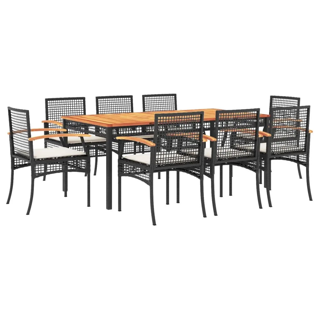 9 Piece Garden Dining Set with Cushions Black Poly Rattan 3213565 - Furniture