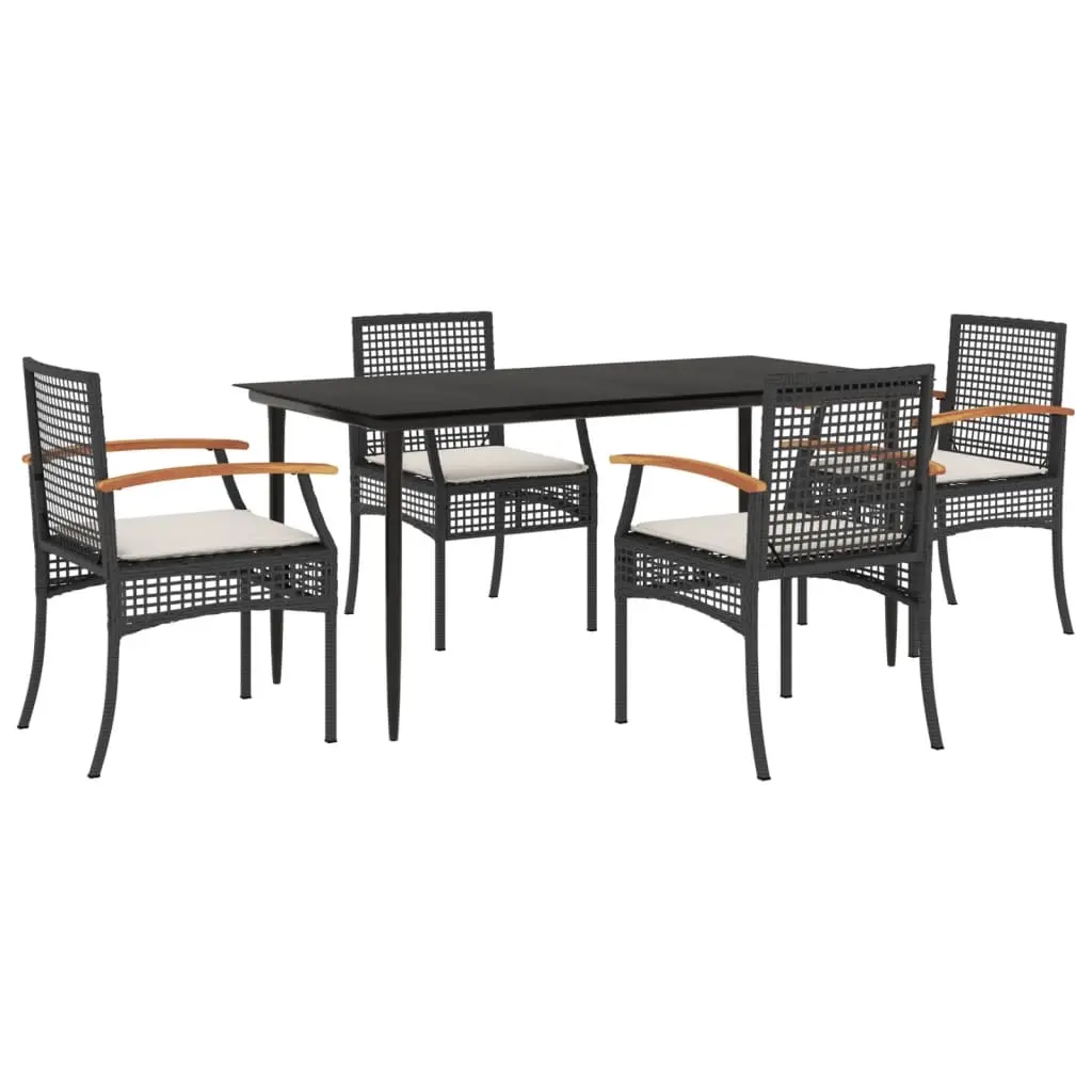 5 Piece Garden Dining Set with Cushions Black Poly Rattan 3213599 - Furniture