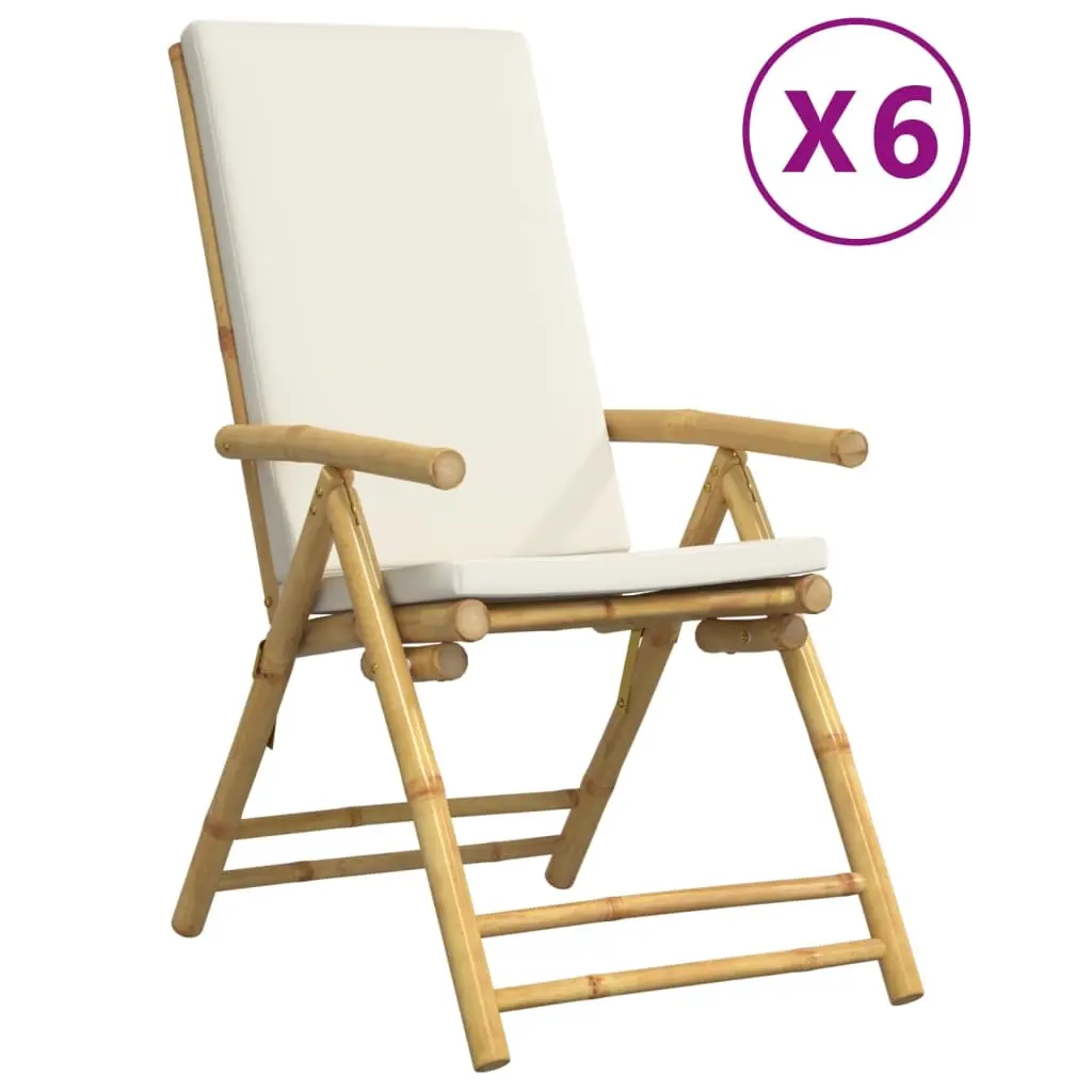 6 Piece Folding Garden Reclining Chairs with Cream White Cushions Bamboo 3208928 - Furniture