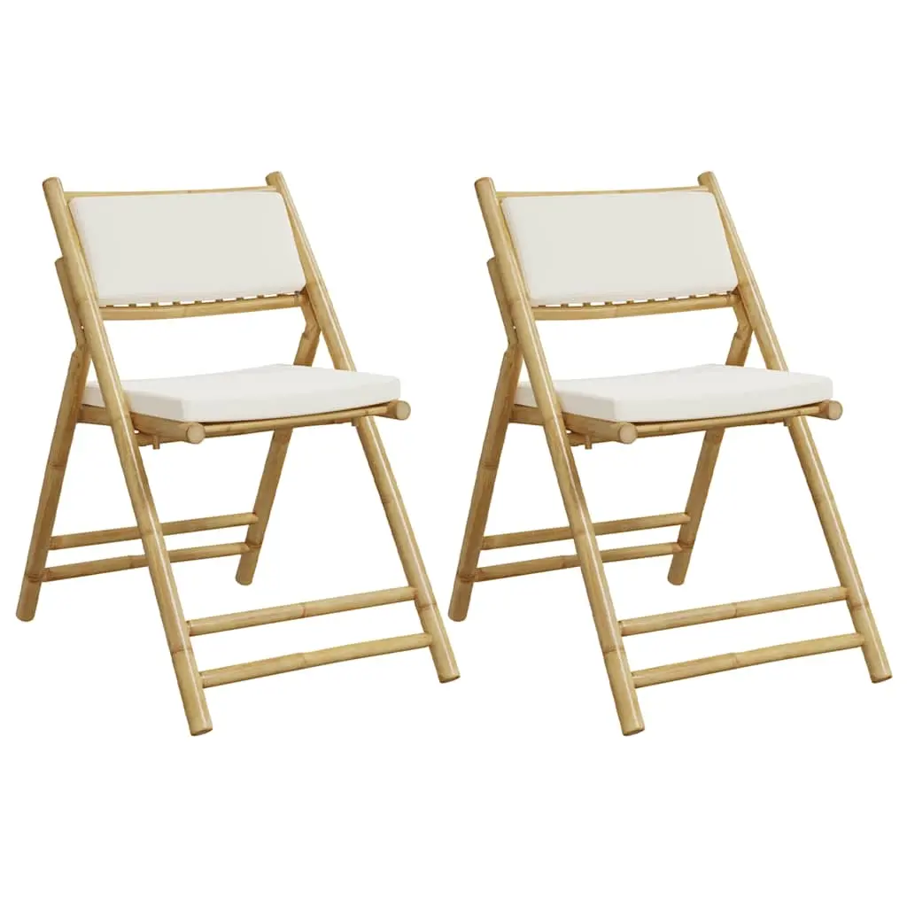 2 Piece Folding Bistro Chairs with Cream White Cushions Bamboo 365871 - Furniture