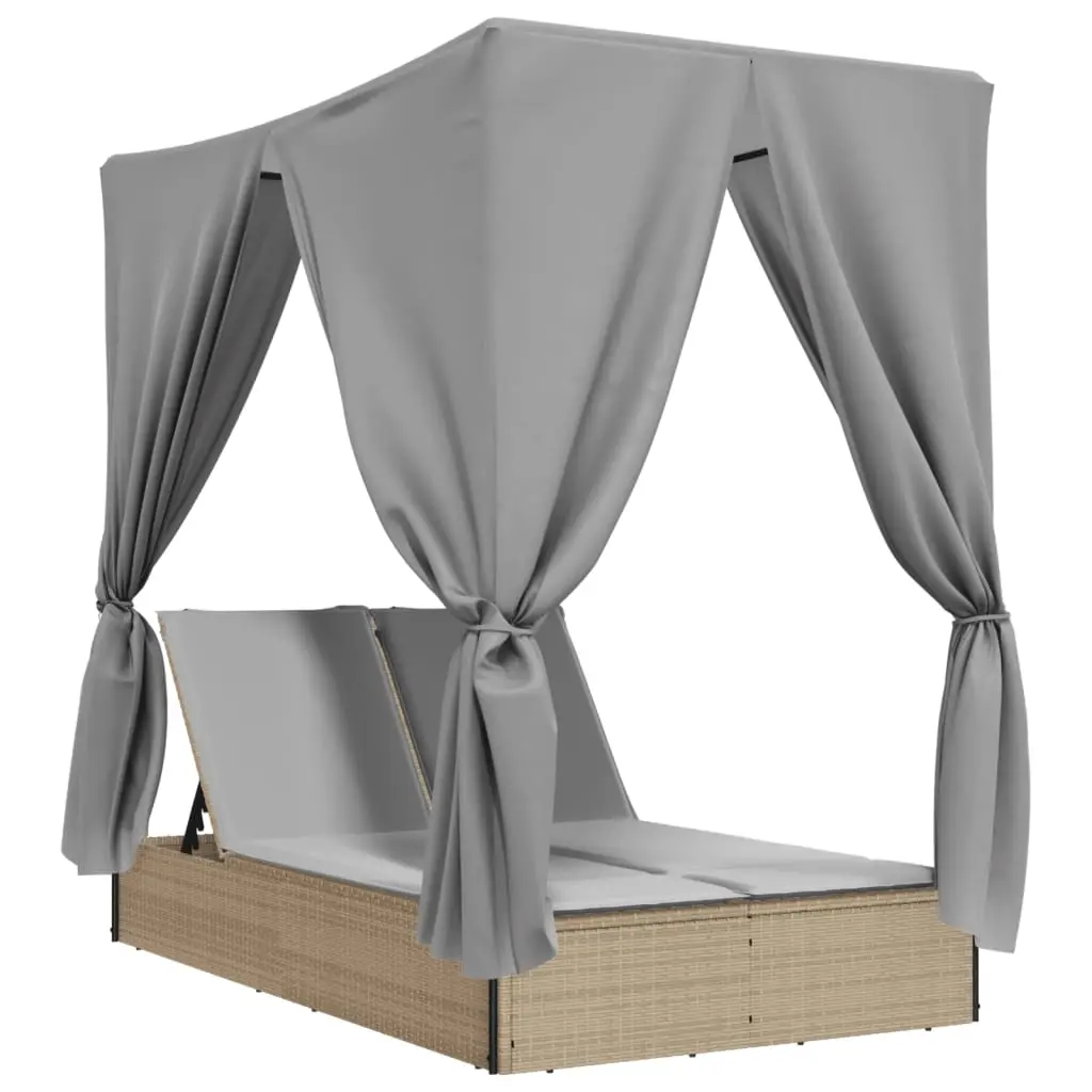 Double Sun Lounger with Roof and Curtains Beige Poly Rattan 368075 - Furniture