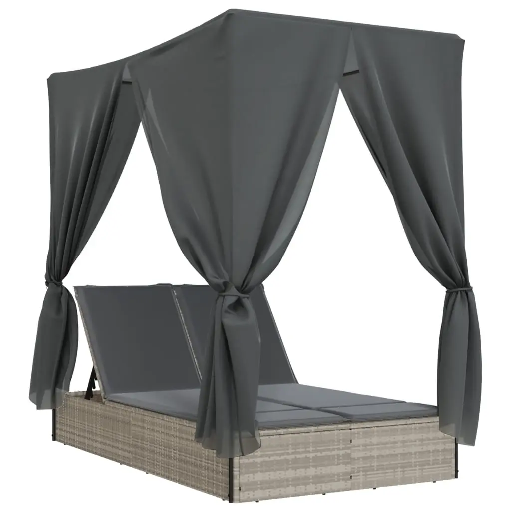 Double Sun Lounger with Roof and Curtains Light Grey Poly Rattan 368077 - Furniture