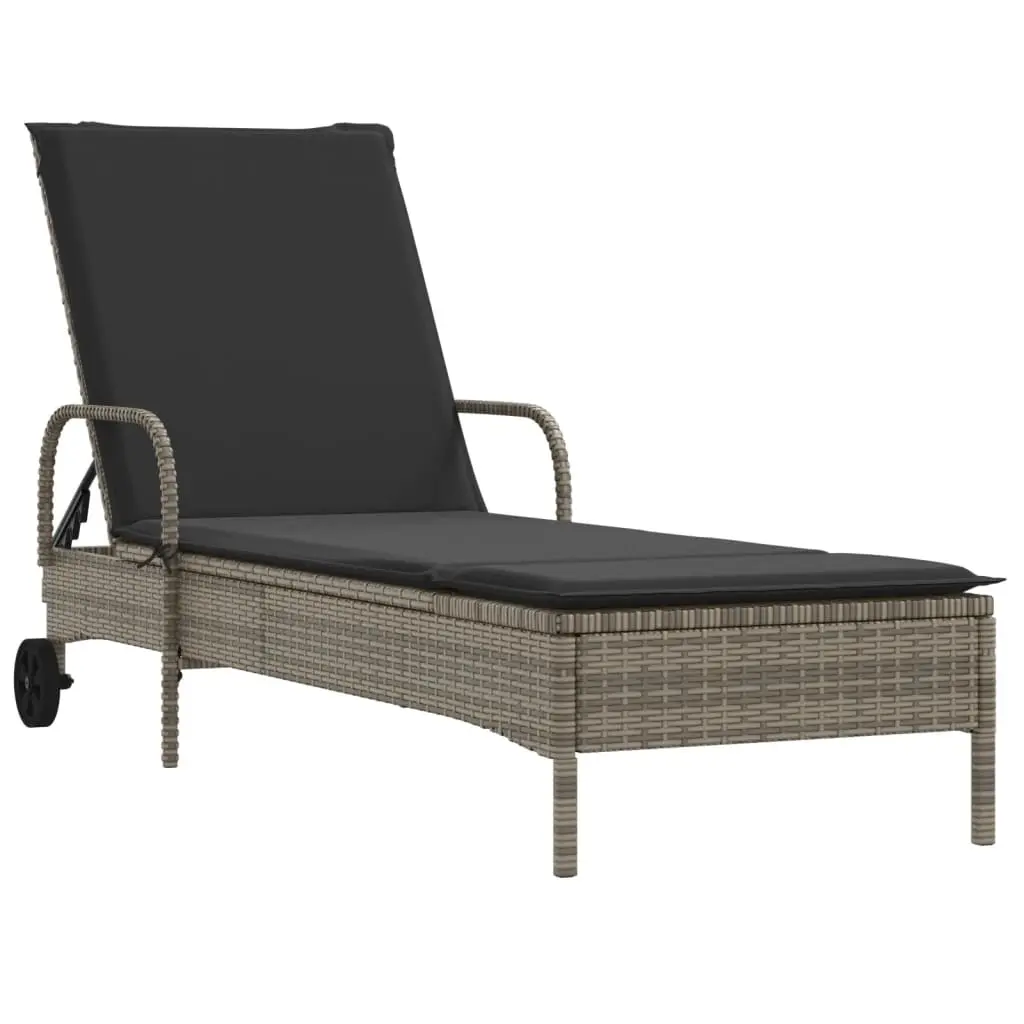 Sun Lounger with Wheels and Cushion Grey Poly Rattan 368310 - Furniture
