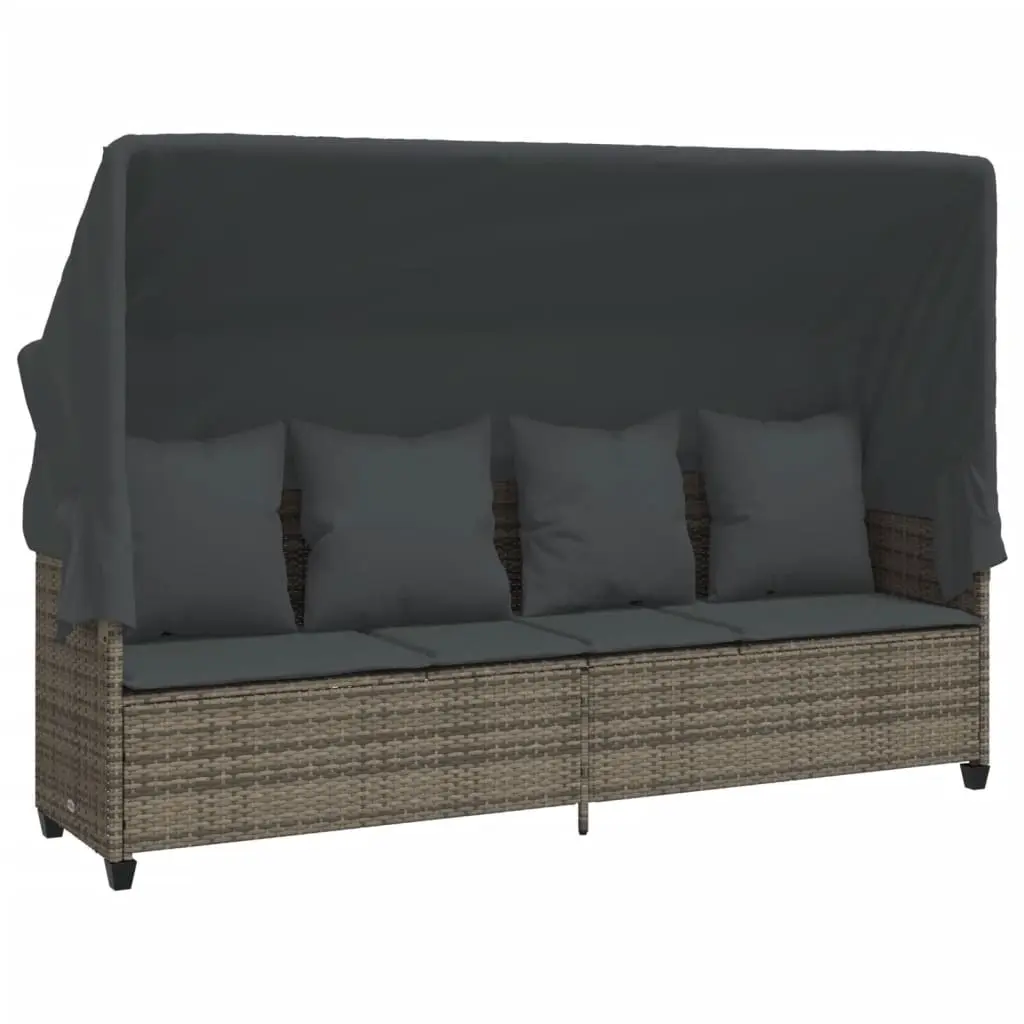 Sun Lounger with Canopy and Cushions Grey Poly Rattan 368355 - Furniture