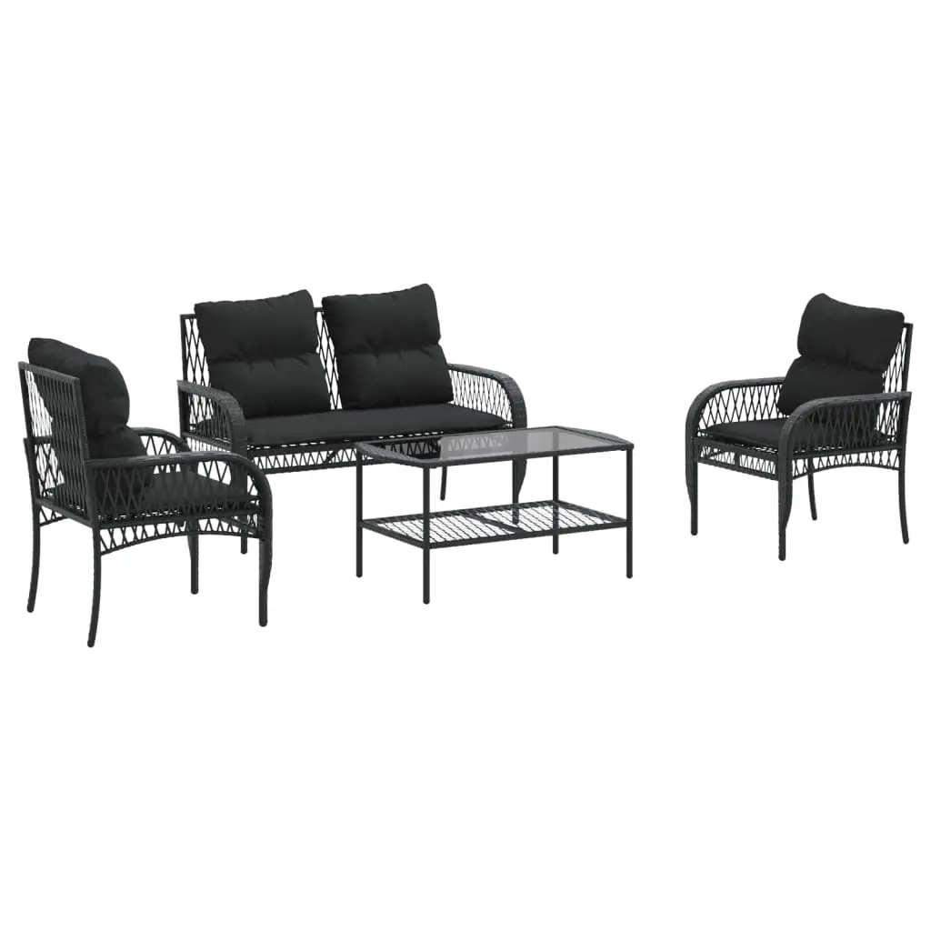 4 Piece Garden Sofa Set with Cushions Black Poly Rattan 368727 - Furniture