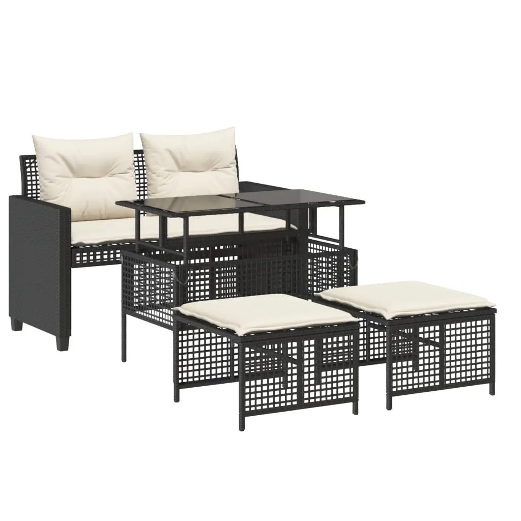 4 Piece Garden Sofa Set with Cushions Black Poly Rattan Glass 368134 - Furniture