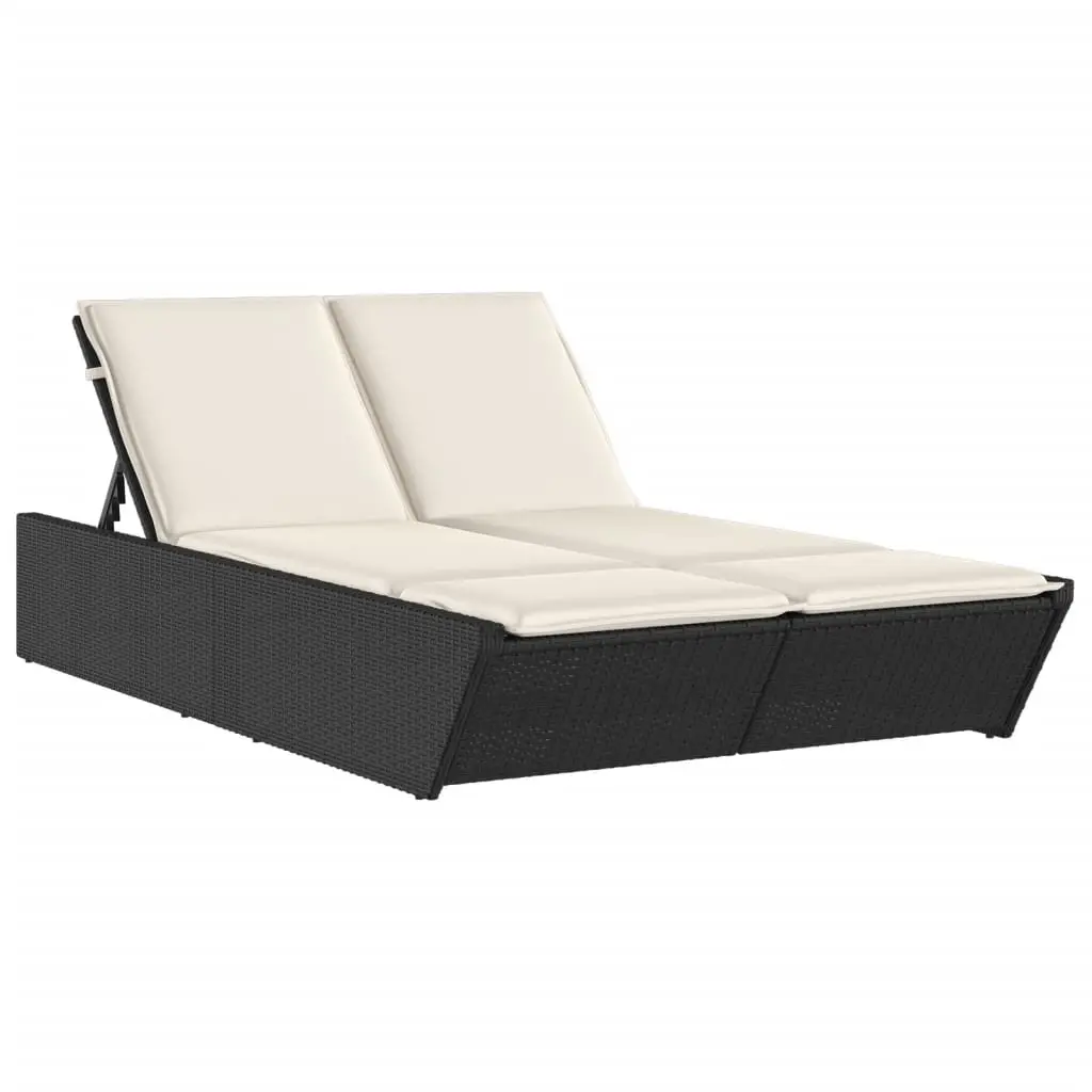 Double Sun Lounger with Cushions Black Poly Rattan 368179 - Furniture