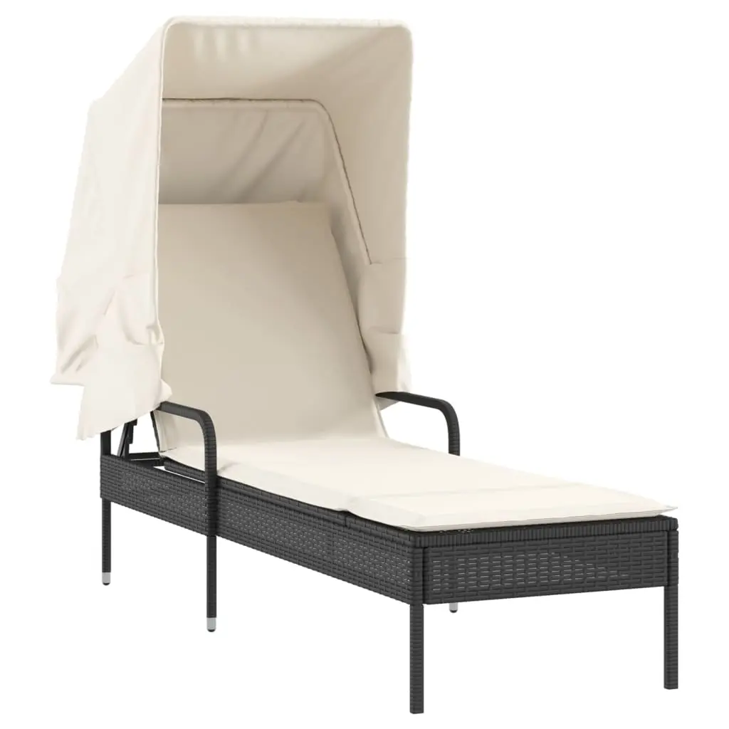 Sun Lounger with Canopy Black Poly Rattan 368188 - Furniture