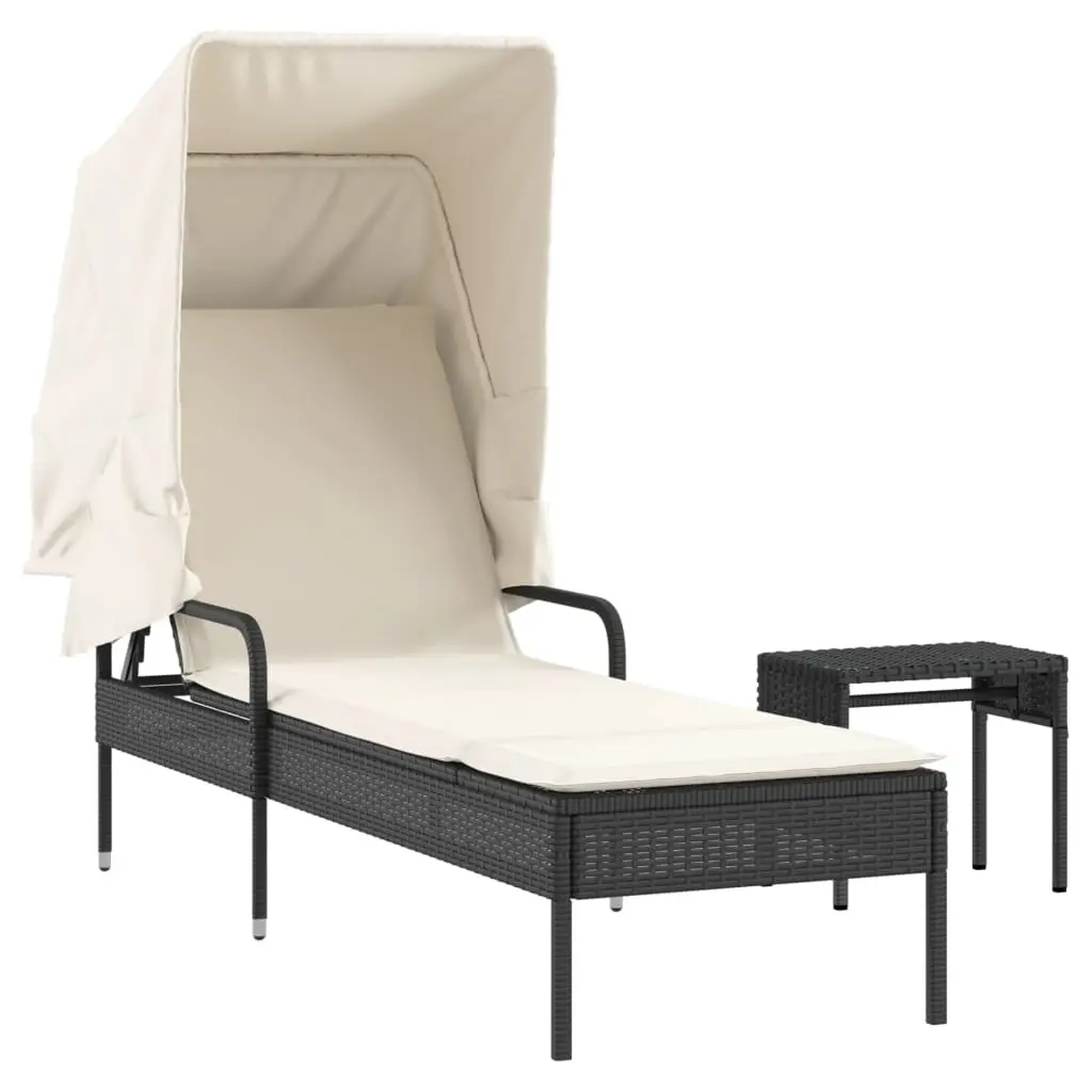 Sun Lounger with Canopy and Table Black Poly Rattan 368197 - Furniture