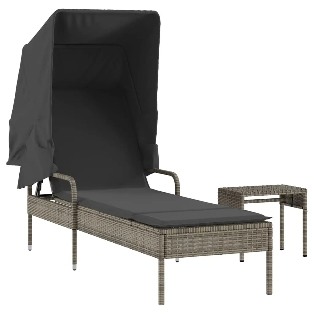 Sun Lounger with Canopy and Table Grey Poly Rattan 368199 - Furniture