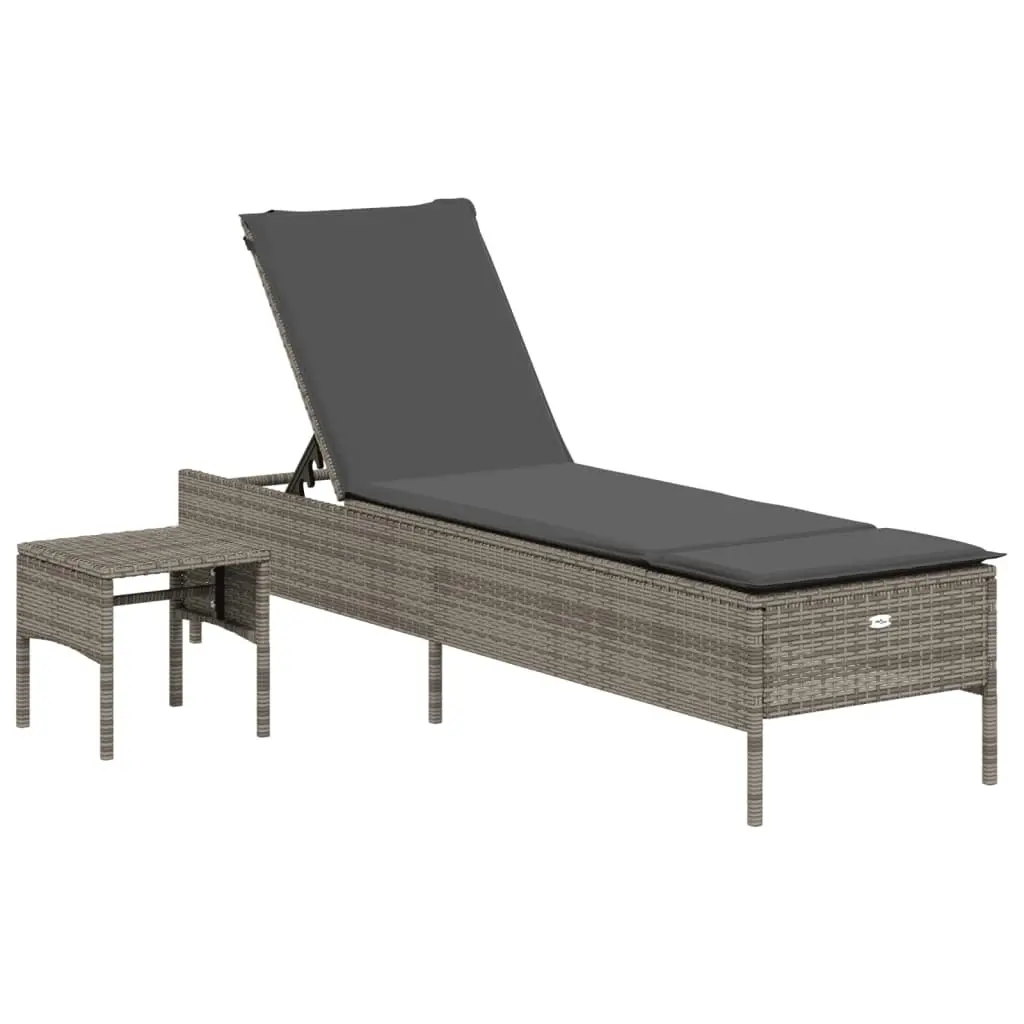 Sun Lounger with Table and Cushion Grey Poly Rattan 4002730 - Furniture