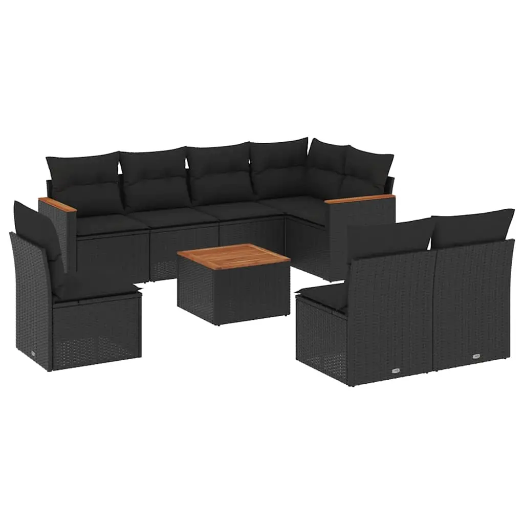9 Piece Garden Sofa Set with Cushions Black Poly Rattan 3226048 - Furniture