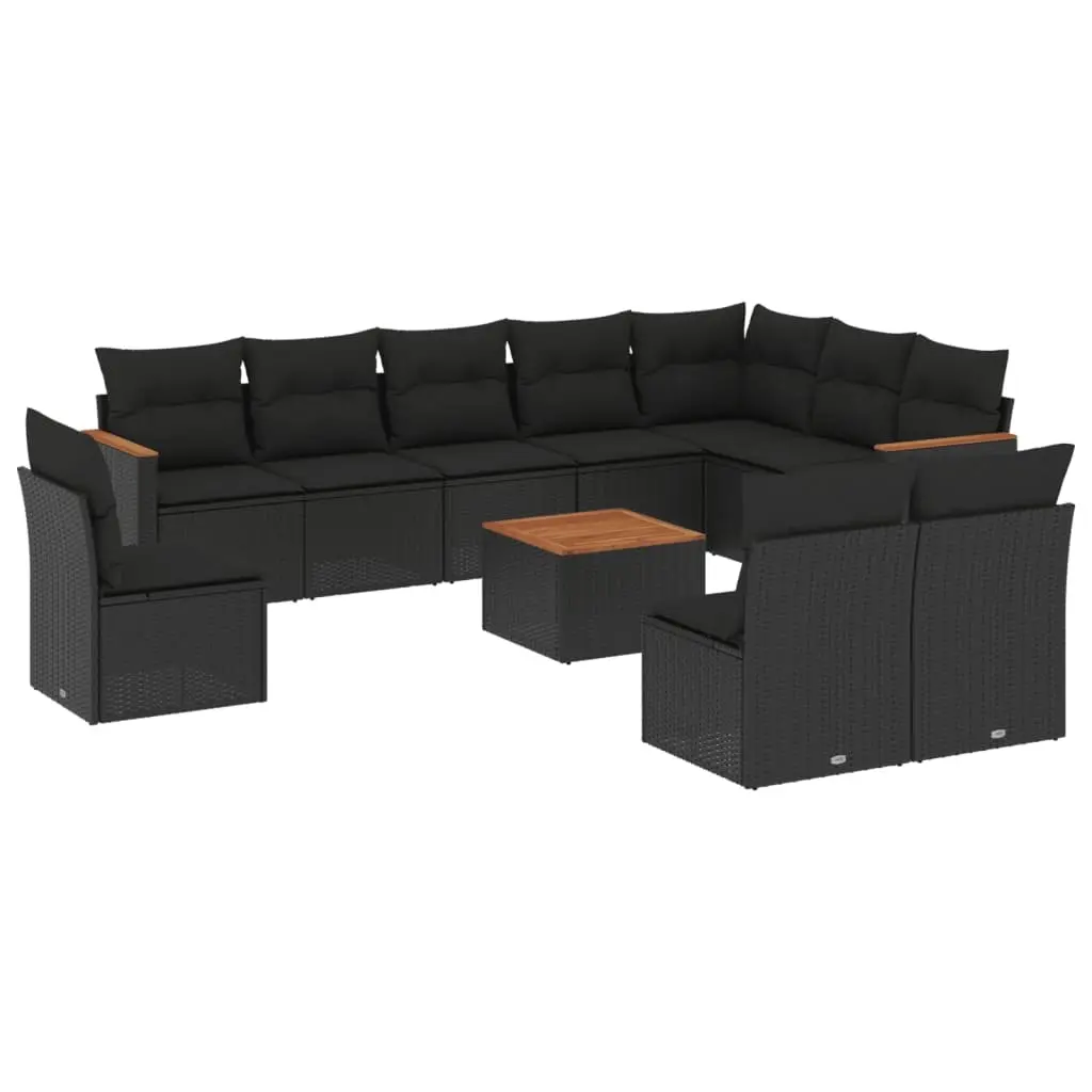 11 Piece Garden Sofa Set with Cushions Black Poly Rattan 3226076 - Furniture