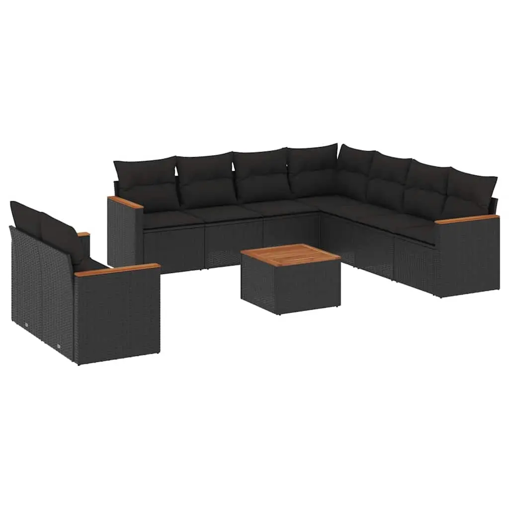 10 Piece Garden Sofa Set with Cushions Black Poly Rattan 3226104 - Furniture