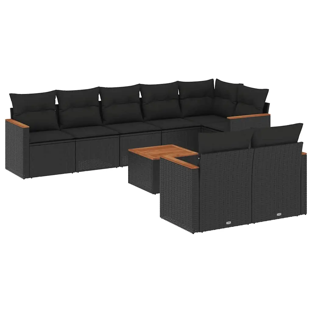 9 Piece Garden Sofa Set with Cushions Black Poly Rattan 3226153 - Furniture