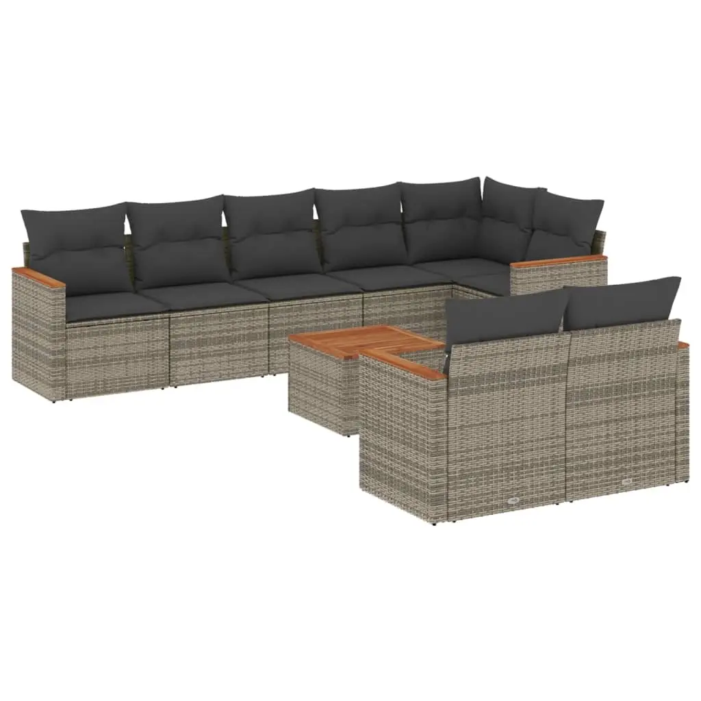 9 Piece Garden Sofa Set with Cushions Grey Poly Rattan 3226158 - Furniture
