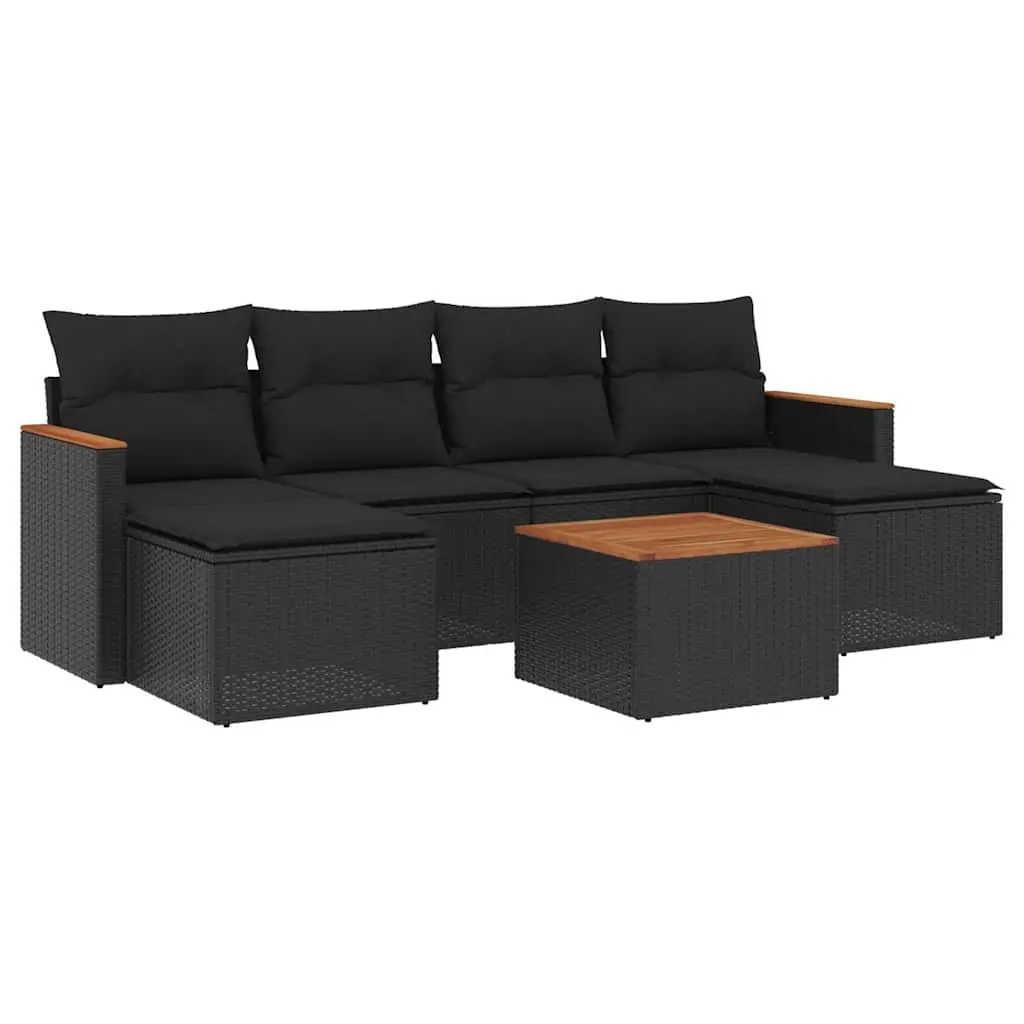 7 Piece Garden Sofa Set with Cushions Black Poly Rattan 3226223 - Furniture