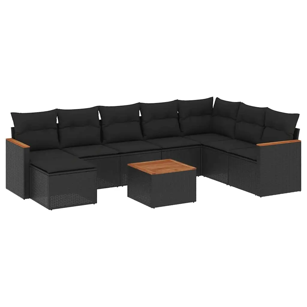9 Piece Garden Sofa Set with Cushions Black Poly Rattan 3226251 - Furniture